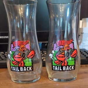 Vintage Red Lobster "Tail Back" Football Lobster Hurricane Cup Glasses Set of 2